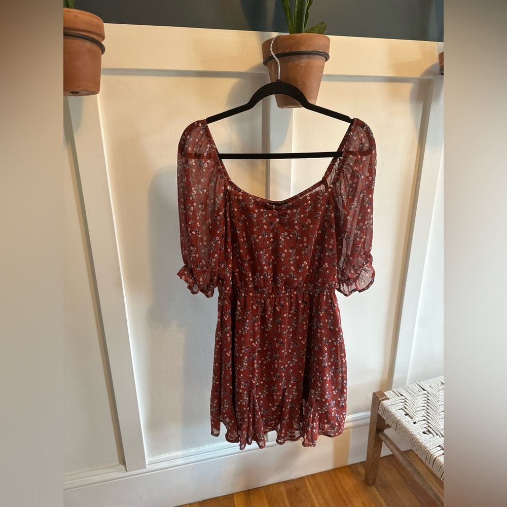 Maroon Balloon Sleeve Above The Knee Party Fit + Flare Dress